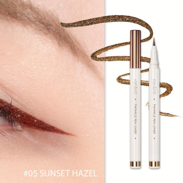 Rom&nd Twinkle Pen Liner liquid eyeliner in five vibrant colors, featuring a sleek pen design and precise application.