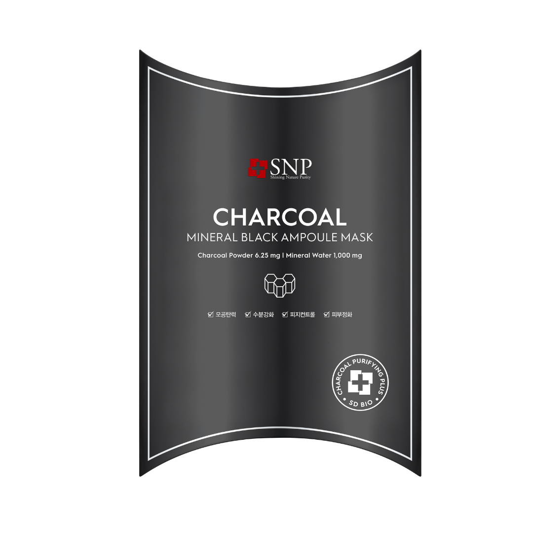 SNP Charcoal Mineral Black Ampoule Mask sheet mask box with 10 black sheet masks for deep cleansing and skin purification.