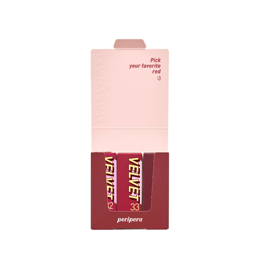 Peripera Ink Velvet Lip Tint set featuring three vibrant, matte finish lip colors in sleek packaging.