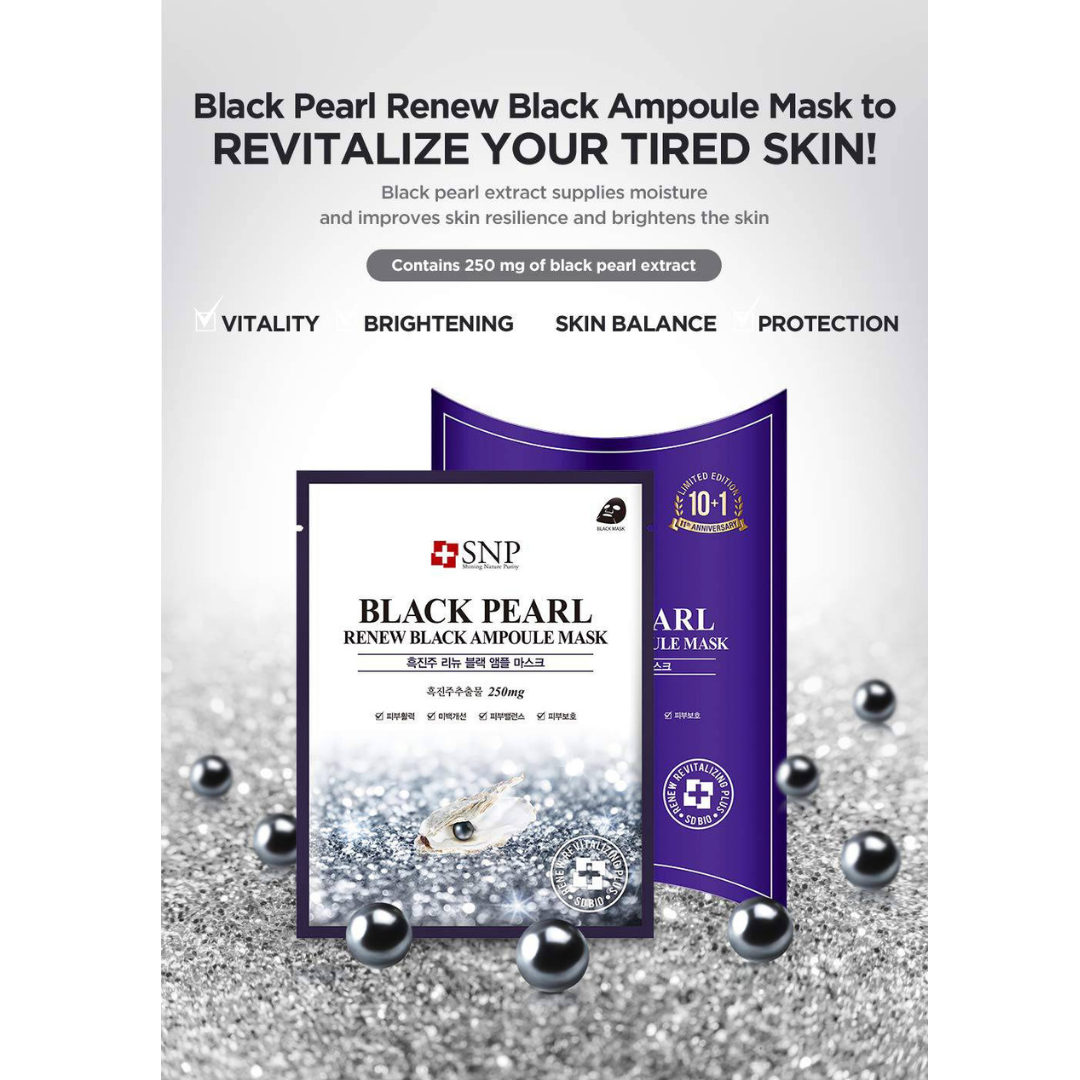 SNP Black Pearl Renew Black Ampoule Mask sheet mask box with 10pcs, featuring black pearl extract for brightening and revitalizing skin.