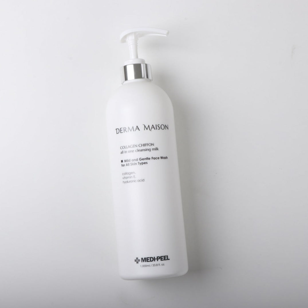 Derma Maison Collagen Shiffon All-In-One Cleansing Milk in a 1000ml bottle, creamy texture, suitable for gentle facial cleansing.