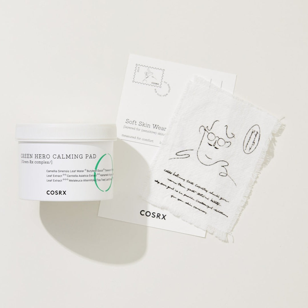 COSRX One Step Green Hero Calming Toner Pad with 70 pads, featuring soothing green ingredients for gentle skin care.