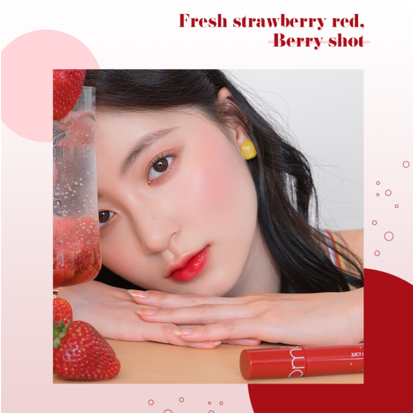 Rom&nd Juicy Lasting Tint lip tint in vibrant shades, showing the applicator and glossy, colorful lip finish.