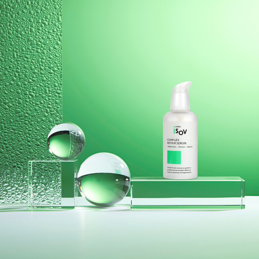 ISOV Complex Repair Serum 80ml bottle with dropper, featuring clear liquid and sleek packaging for skin rejuvenation and repair