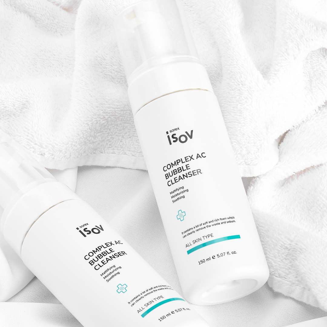 ISOV Complex AC Bubble Cleanser 150ml gel and foam cleanser with a clear pump bottle and white gel inside.