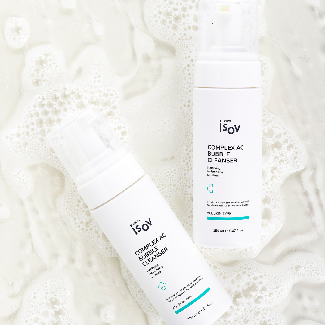 ISOV Complex AC Bubble Cleanser 150ml gel and foam cleanser with a clear bottle and white foam, designed for deep skin cleansing.