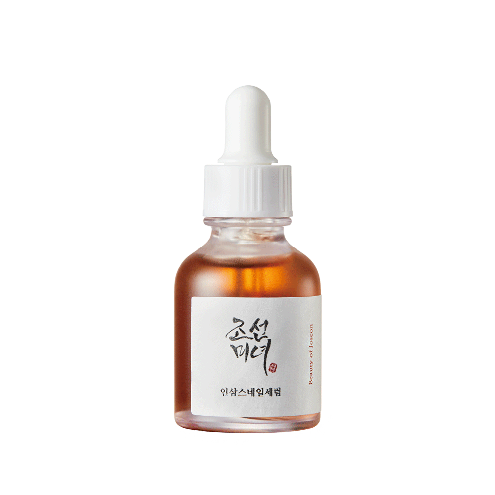 Beauty of Joseon Revive Serum with ginseng and snail mucin in a 30ml bottle, featuring a clear serum with herbal and snail extract ingredients.