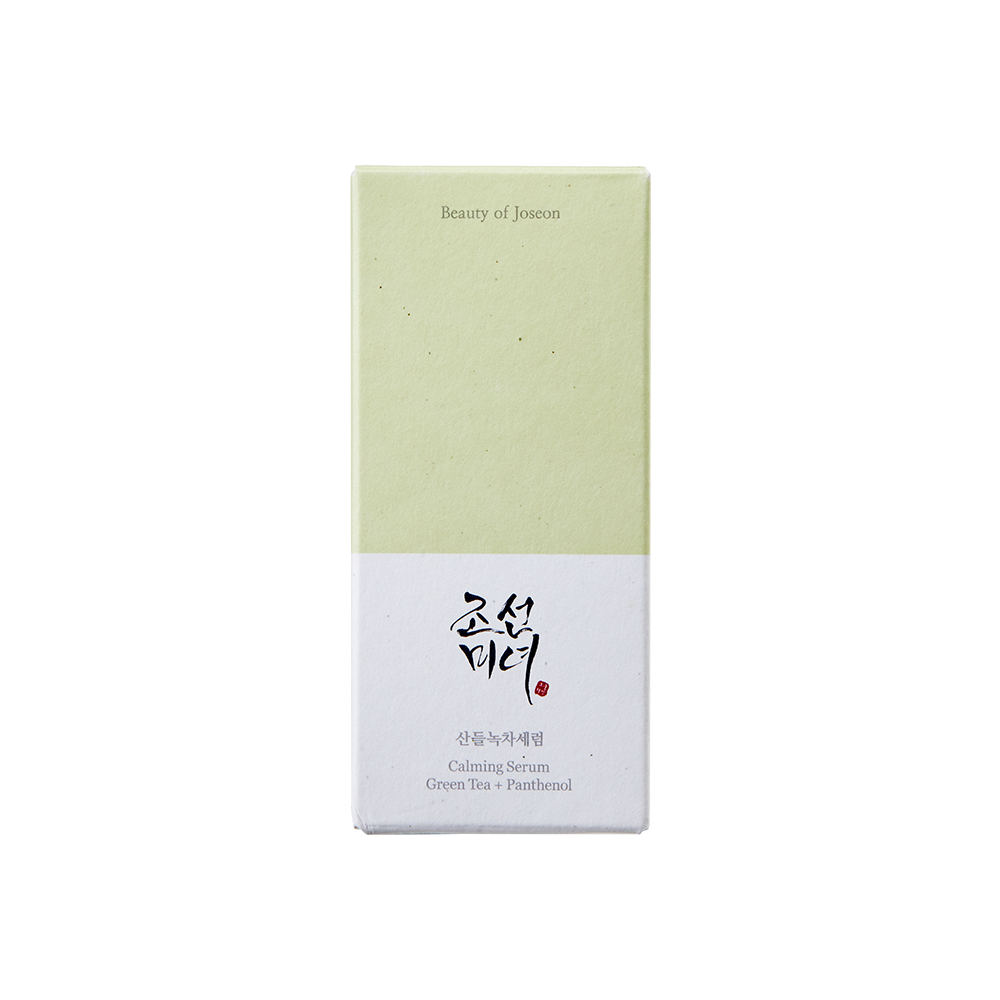Beauty of Joseon calming serum with green tea and panthenol in a 30ml bottle, featuring a clear glass container with a dropper.