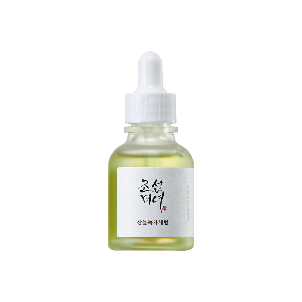 Beauty of Joseon Calming Serum with green tea and panthenol in a clear 30ml bottle, suitable for soothing sensitive skin.
