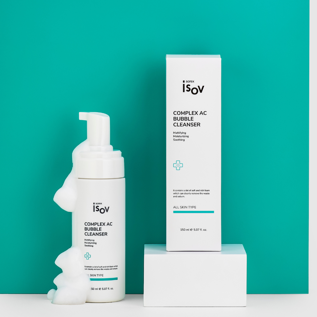 ISOV Complex AC Bubble Cleanser 150ml gel and foam facial cleanser showing a clear bottle with foam and bubbles