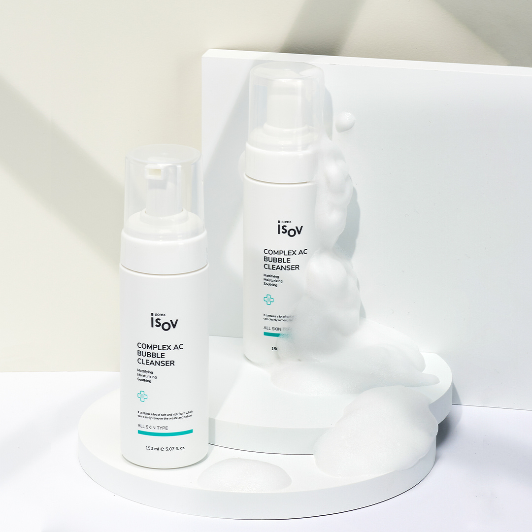 ISOV Complex AC Bubble Cleanser 150ml gel and foam cleanser for acne-prone skin, shown in a clear bottle with foam texture.