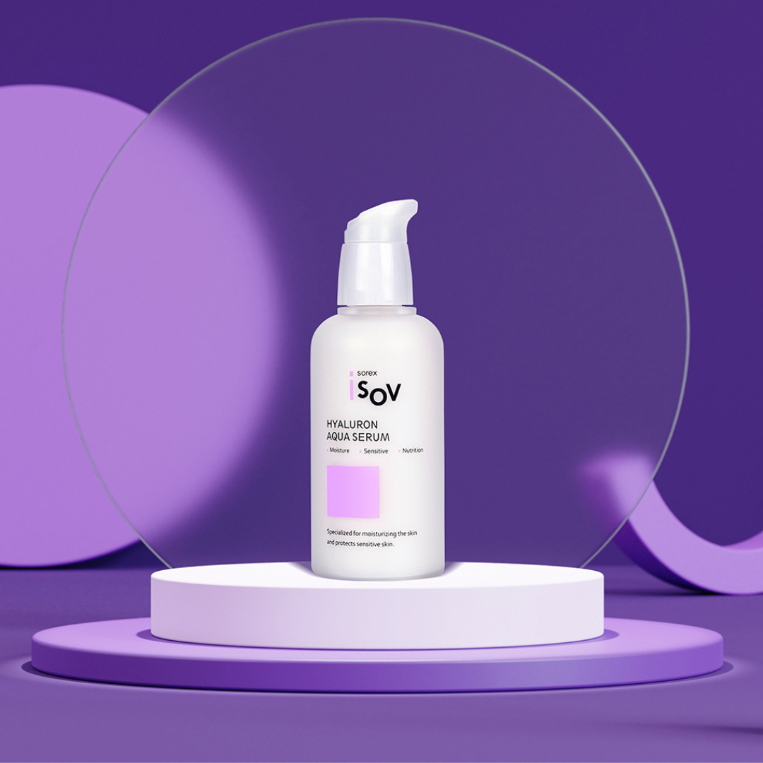 ISOV Hyaluron Aqua Serum 80ml in a clear bottle with a dropper for hydrating skincare.