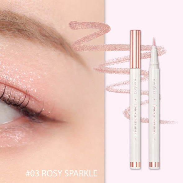 Rom&nd Twinkle Pen Liquid Eyeliner in five colorful shades, featuring a sleek pen design with shimmering ink for eye makeup.