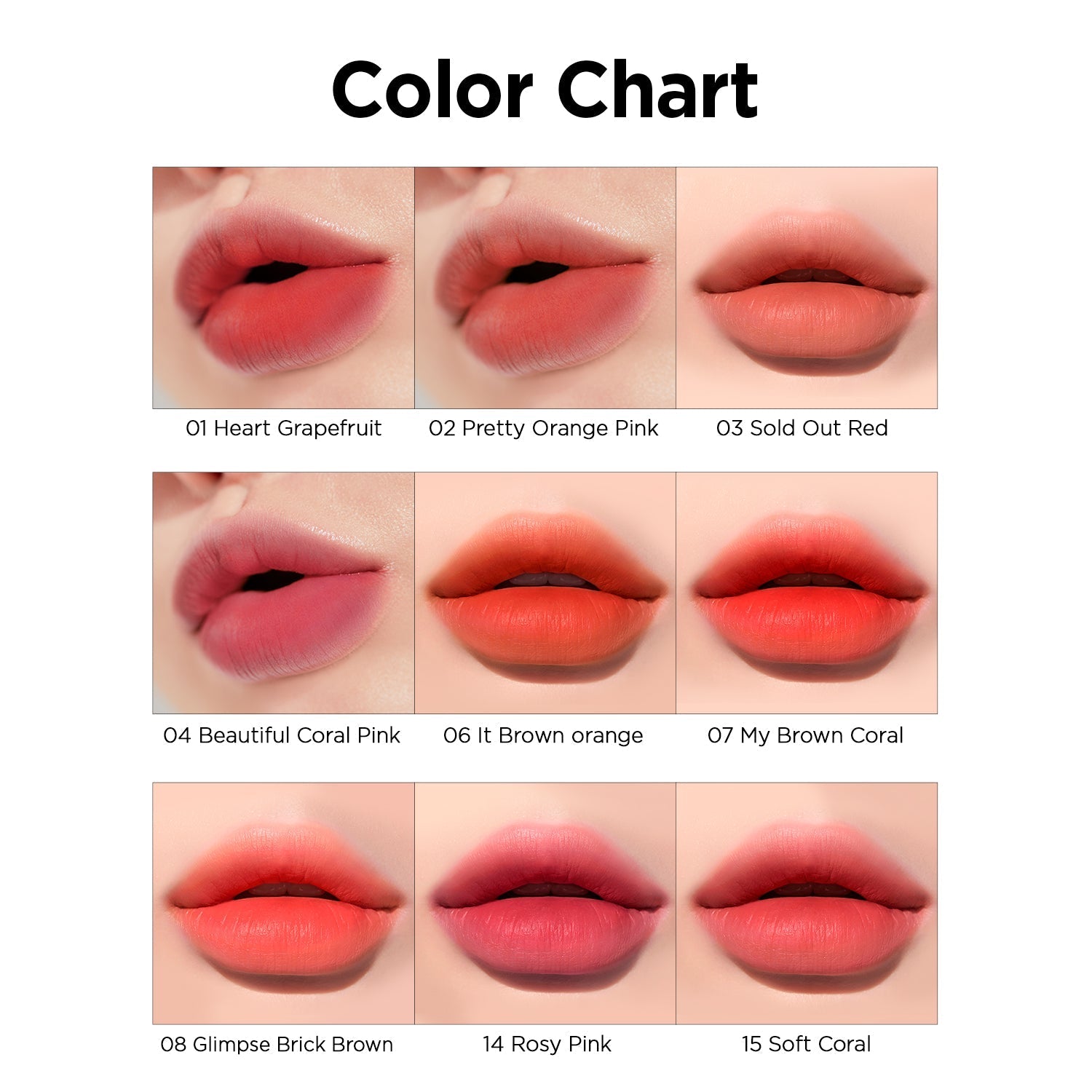 Peripera Ink Airy Velvet lip tint color chart showing various shades in a vibrant, colorful display