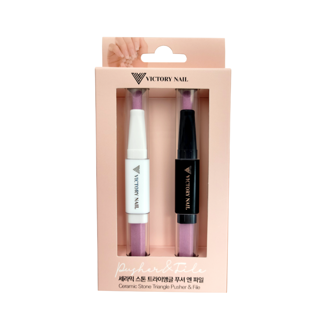 Victory Nail ceramic stone triangle pusher and file for nail shaping and cuticle care, featuring a durable ceramic surface.