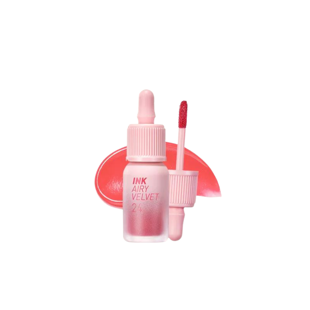 Peripera Ink Airy Velvet lip tint in a soft, matte shade with a smooth, velvety texture on lips.