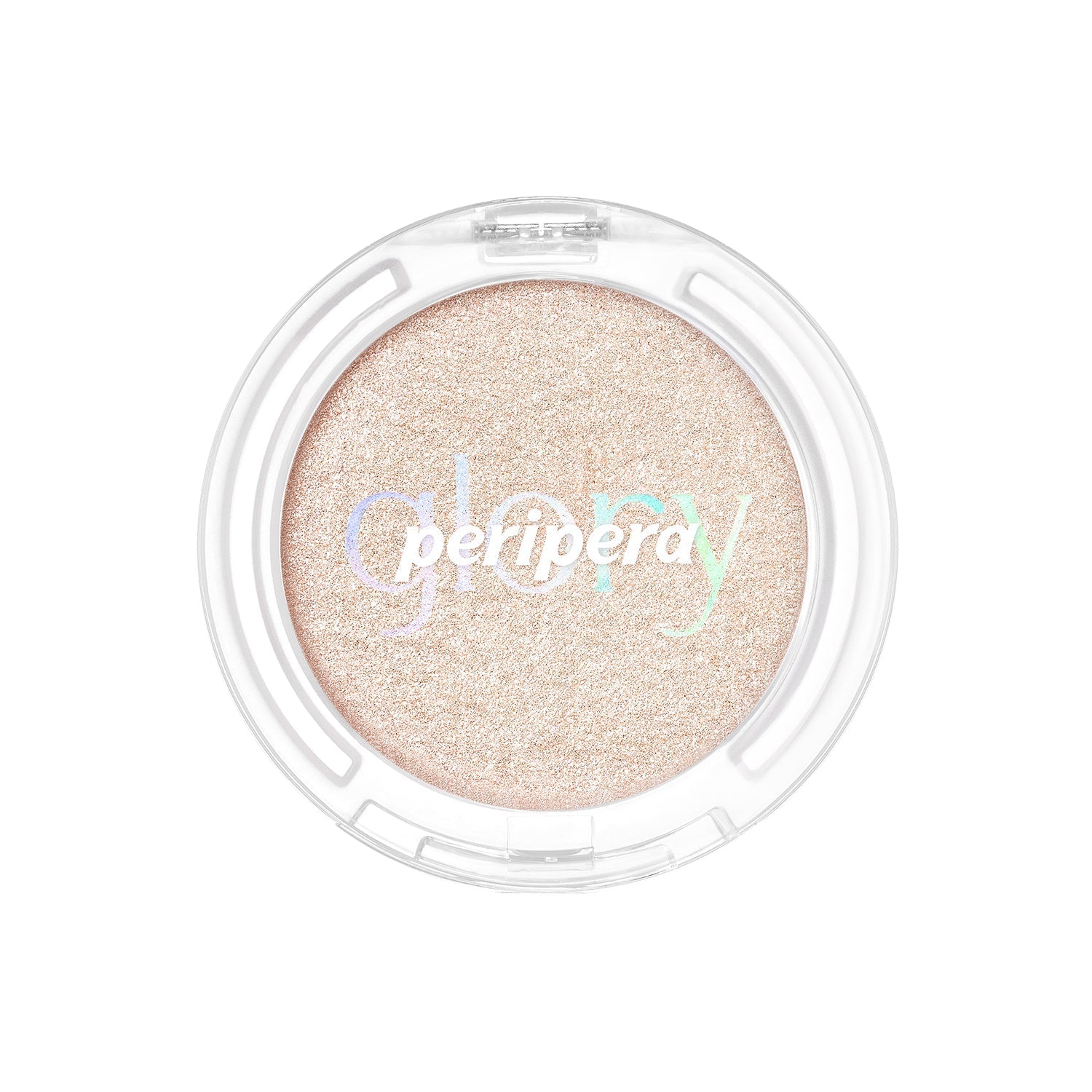 Peripera Pure Glory highlighter with an applicator brush, showcasing a shimmering powder for glowing skin.