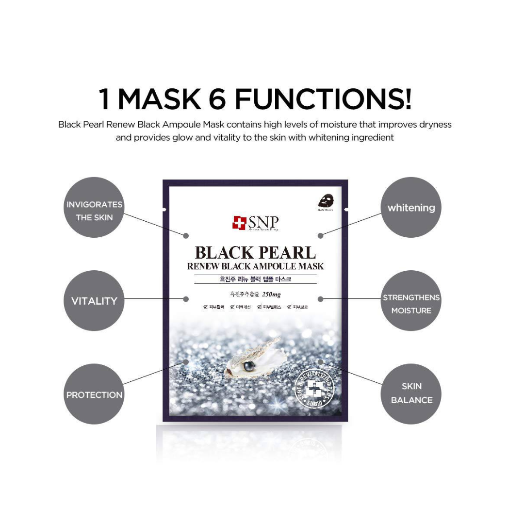 Box of 10 SNP Black Pearl Renew Black Ampoule Sheet Masks featuring black pearl extract for revitalizing skin care.