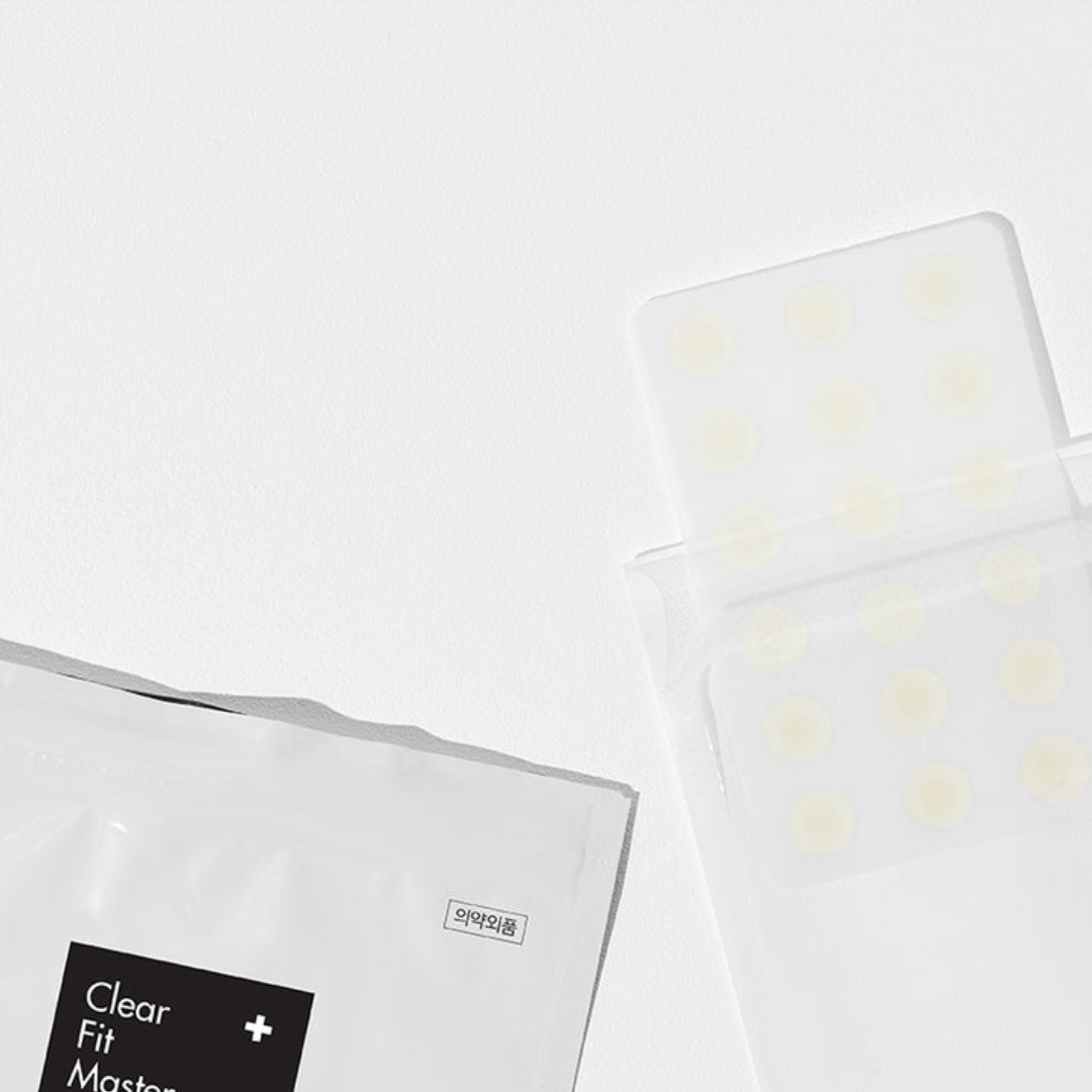 COSRX Clear Fit Master Patch (Somadermspot-S) for spots and blemishes, showing two transparent patches on skin.