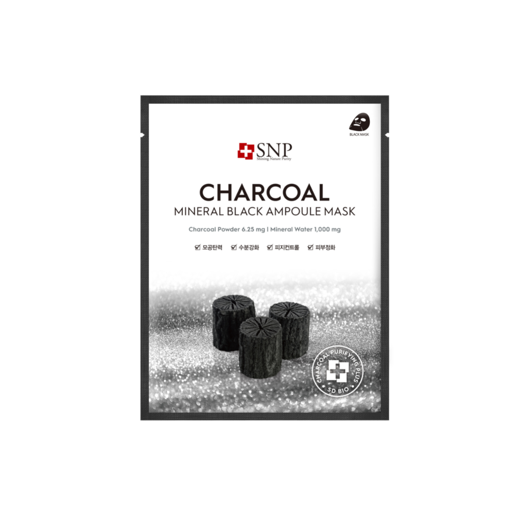SNP Charcoal Mineral Black Ampoule Mask box with 10 sheet masks, featuring black sheet masks infused with charcoal minerals.