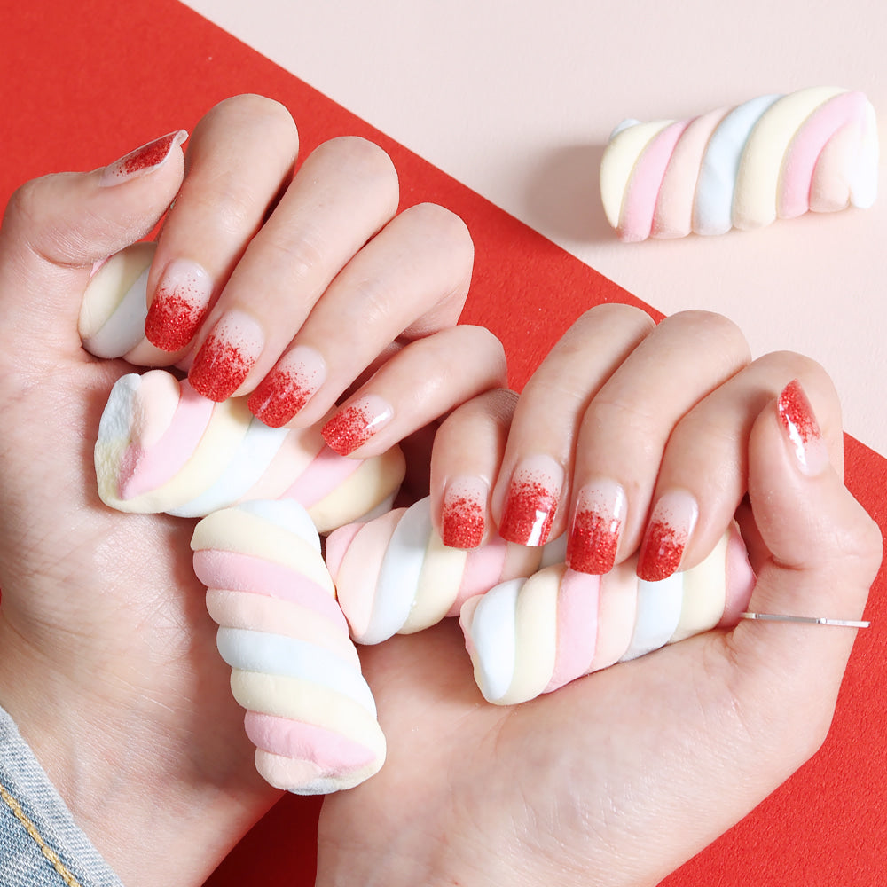 Glossy Blossom red deep gradation gel nail strips with amazing glitter, showcasing a stylish and sparkling nail design.