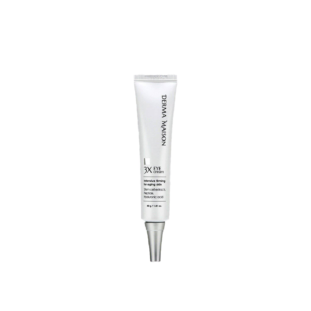 Three tubes of Derma Maison 3X Eye Cream with applicator tips, showcasing the skincare product for reducing puffiness and dark circles.