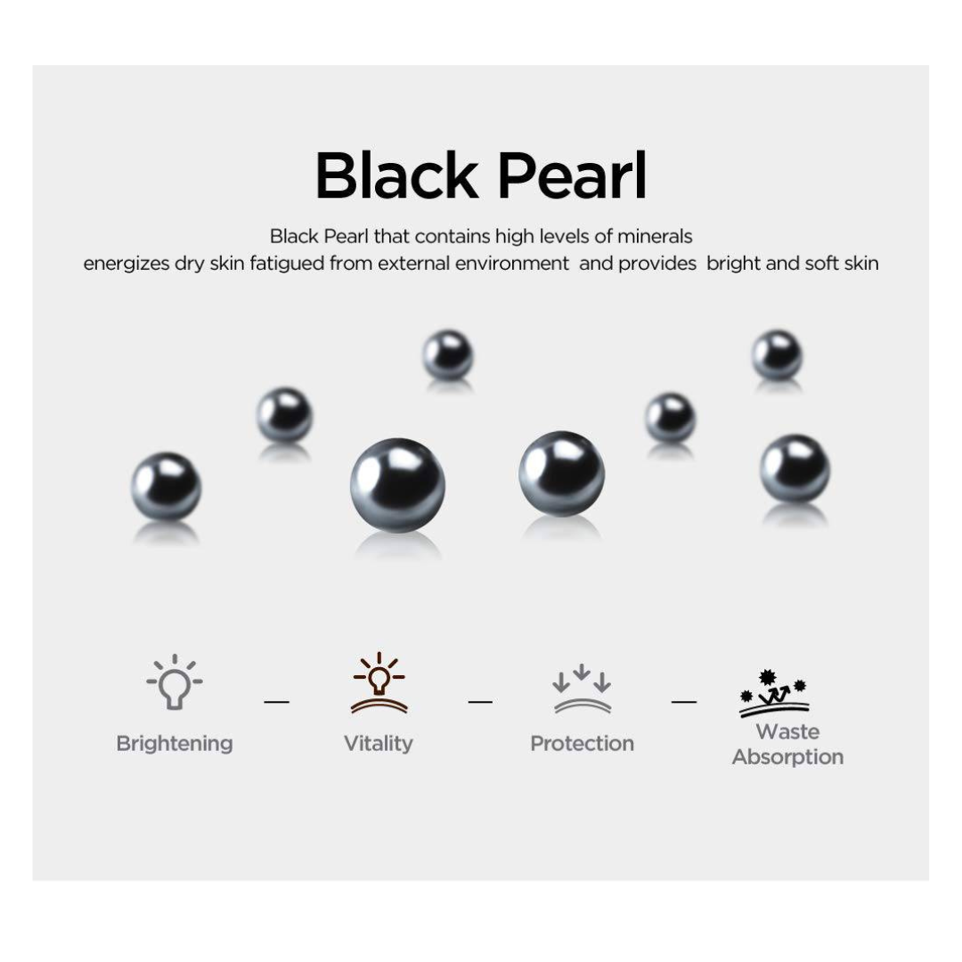 SNP Black Pearl Renew Black Ampoule Mask box containing 10 sheet masks, featuring black pearl extract for skin revitalization.