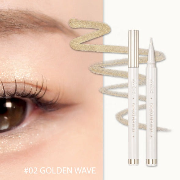 Rom&nd Twinkle Pen Liner liquid eyeliner in five colors, featuring a sleek design and precise application on a white background.