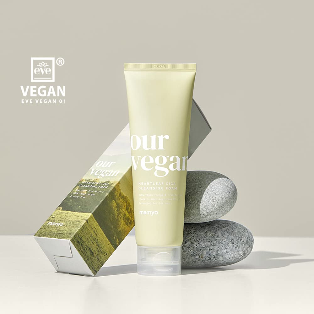 Ma:nyo Vegan Heartleaf Cica Cleansing Foam in a 120ml gel and foam cleanser tube with green and white packaging.