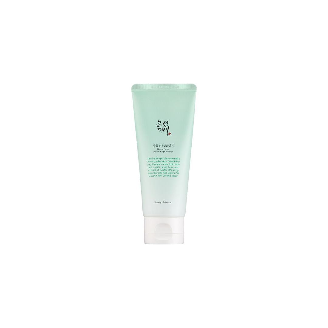 Beauty of Joseon Green Plum Refreshing Gel and Foam Cleanser, vibrant green bottle with foaming and gel textures visible.
