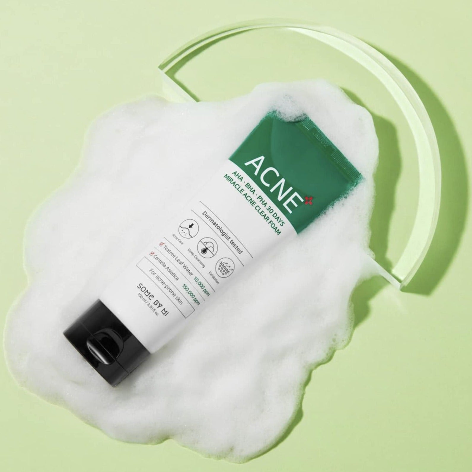 Some By Mi AHA BHA PHA 30 Days Miracle Acne Clear Foam in a 100ml gel and foam cleanser bottle.