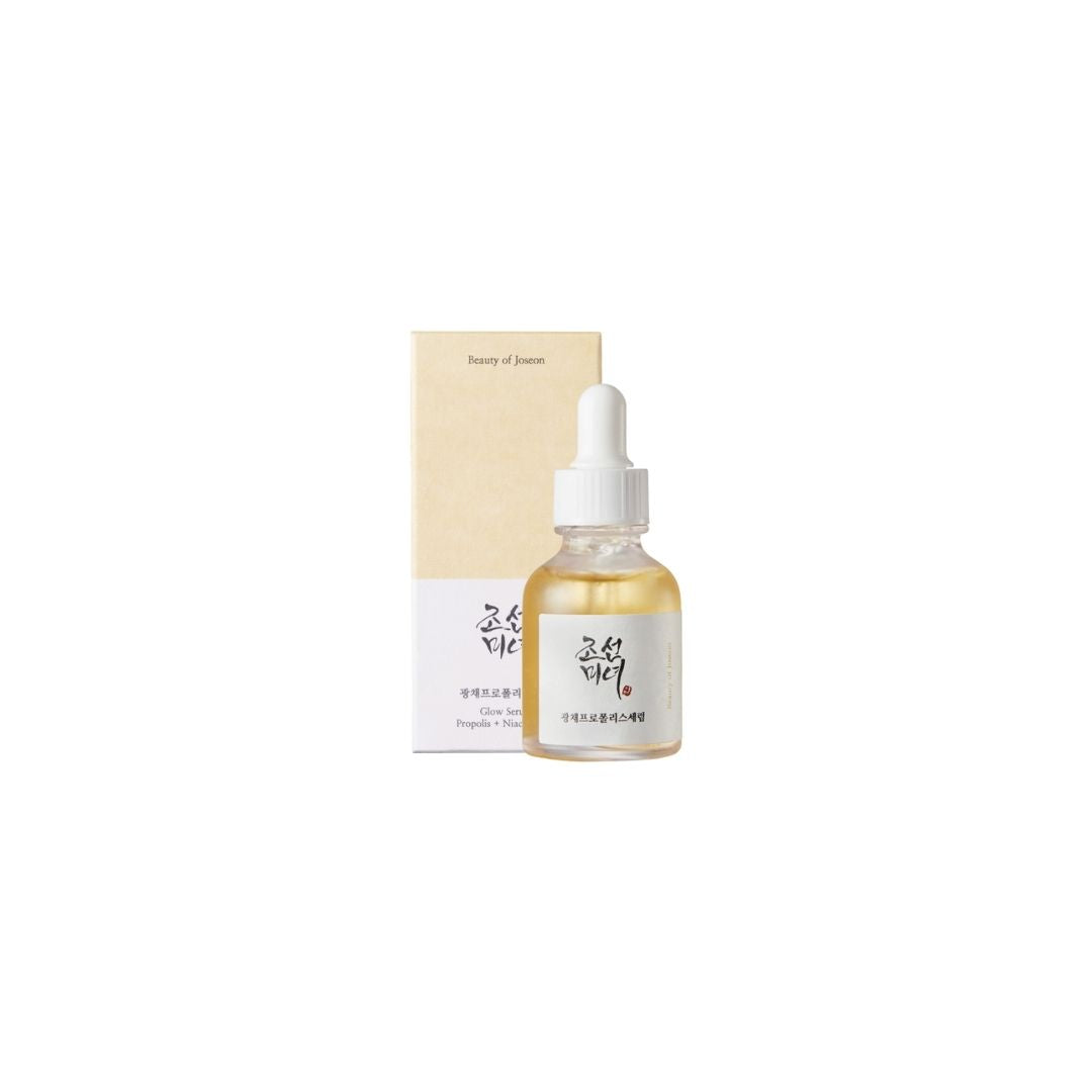 Beauty of Joseon Glow Serum with Propolis and Niacinamide in a 30ml bottle, featuring a clear glass container and dropper applicator.