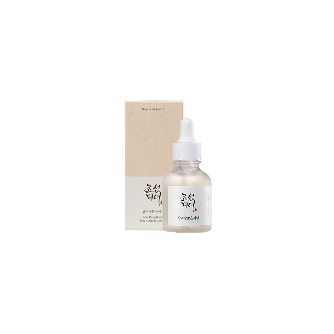 Beauty of Joseon Glow Deep Serum with rice and alpha-arbutin in a 30ml bottle, featuring a clear glass container with a dropper applicator.