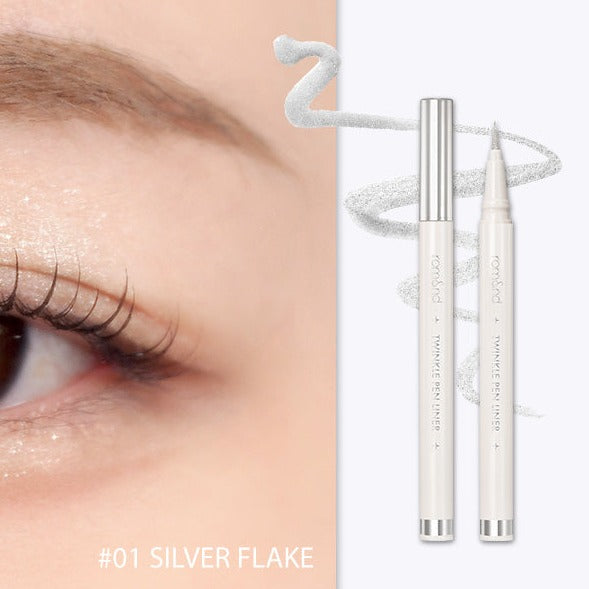 Rom&nd Twinkle Pen Liquid Eyeliner in five vibrant colors, featuring a sleek pen design with shimmering ink for eye makeup.
