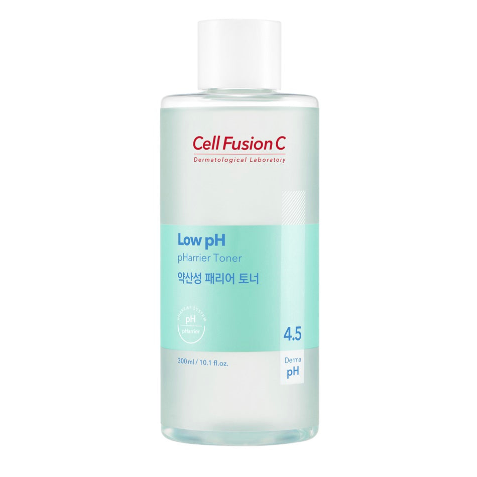 Cell Fusion C Low pH pHarrier Toner in 300ml bottle, clear liquid with a pump dispenser for gentle skin balancing.