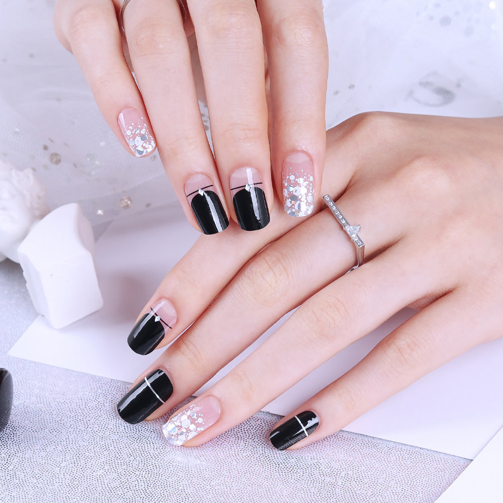 Glossy Blossom Gel Nail Strips in Line Sparkling with shimmering, decorative nail art design on natural nails.