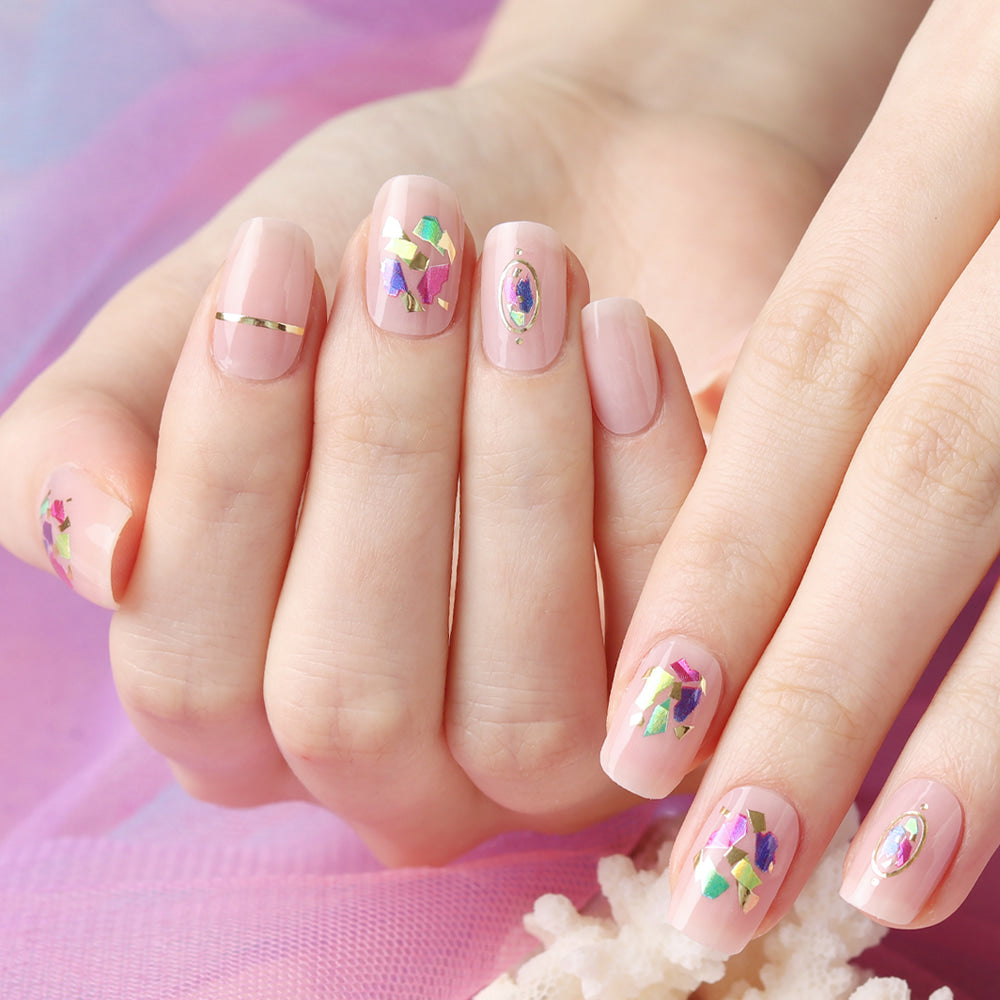 Glossy Blossom vivid shell gel nail strips on nails with a colorful, shell-inspired pattern for a vibrant, stylish manicure.