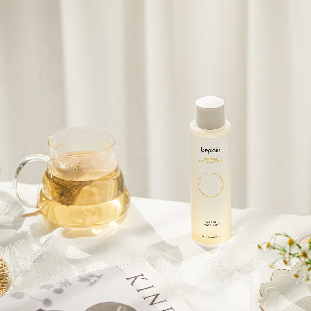 Beplain Chamomile pH-Balanced Toner 190ml bottle with clear liquid and white cap, displayed on a neutral background.