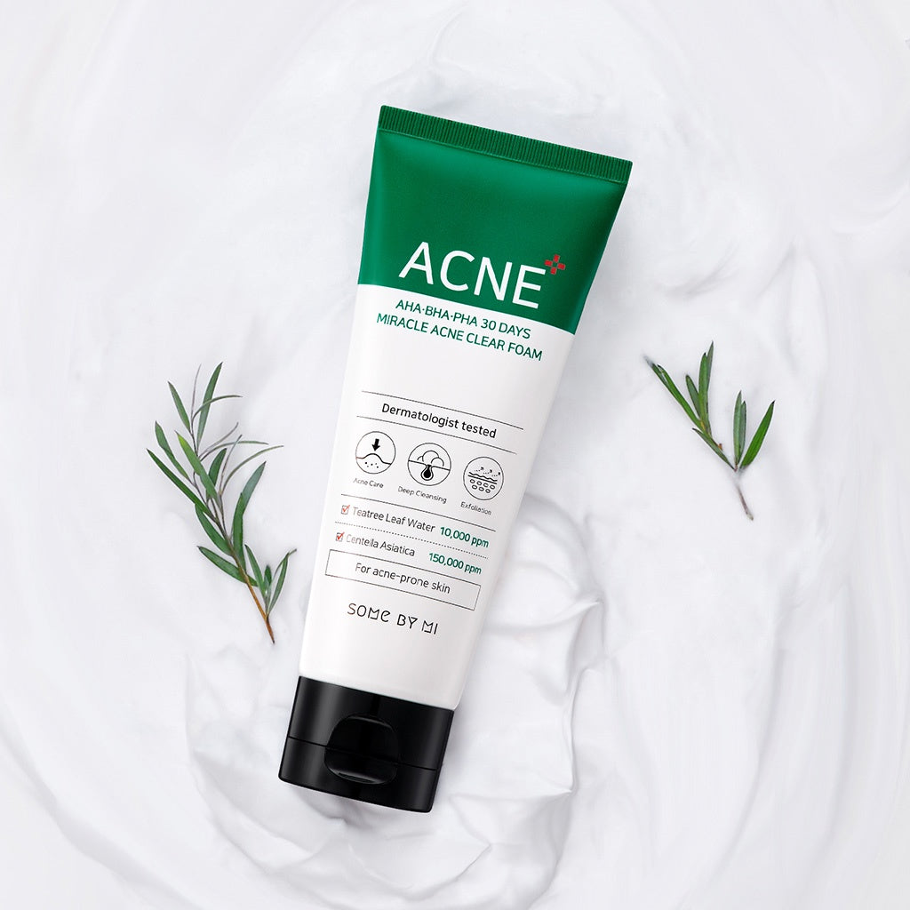Some By Mi AHA BHA PHA Acne Clear Foam cleanser in a 100ml tube, showing the gel and foam cleanser for acne-prone skin.