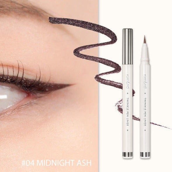 Rom&nd Twinkle Pen Liner liquid eyeliner set with five colorful pens displayed on a white background.