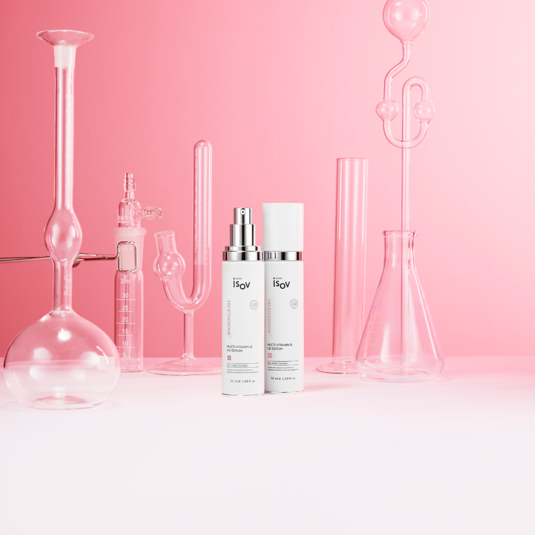 ISOV Multi Vitamin B HD Serum 50ml, clear glass bottle with dropper, containing a lightweight vitamin B serum for skin hydration and nourishment.