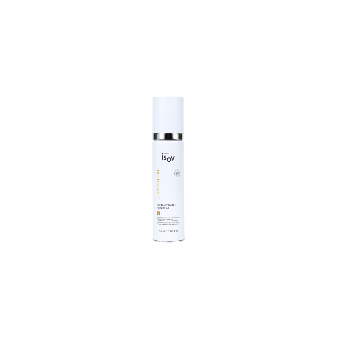 ISOV Multi Vitamin C HD Serum 50ml bottle showing clear liquid and pump dispenser, designed for brightening and skin hydration.