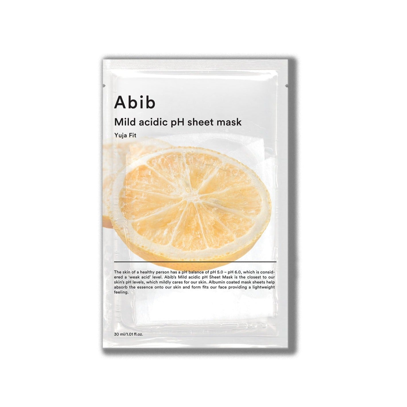 Abib Mild Acidic pH Sheet Mask featuring a yellow and green packaging with a citrus fruit illustration, designed for gentle skin care.