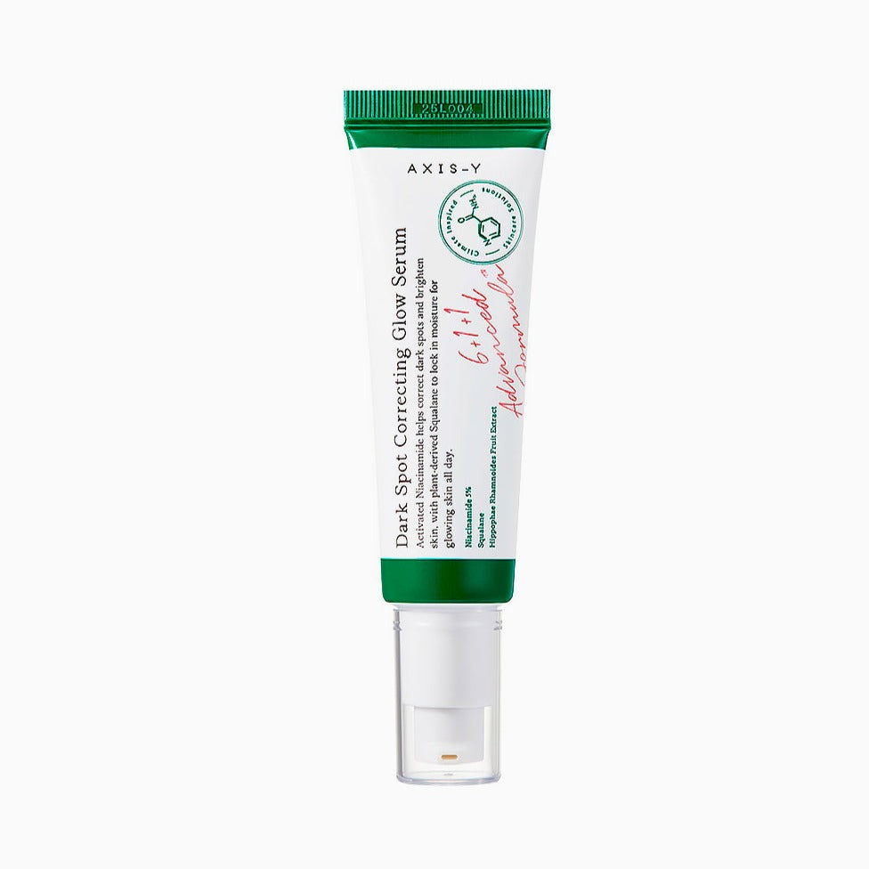 AXIS-Y Dark Spot Correcting Glow Serum in a 50ml bottle, showcasing the serum's sleek packaging and clear liquid texture.
