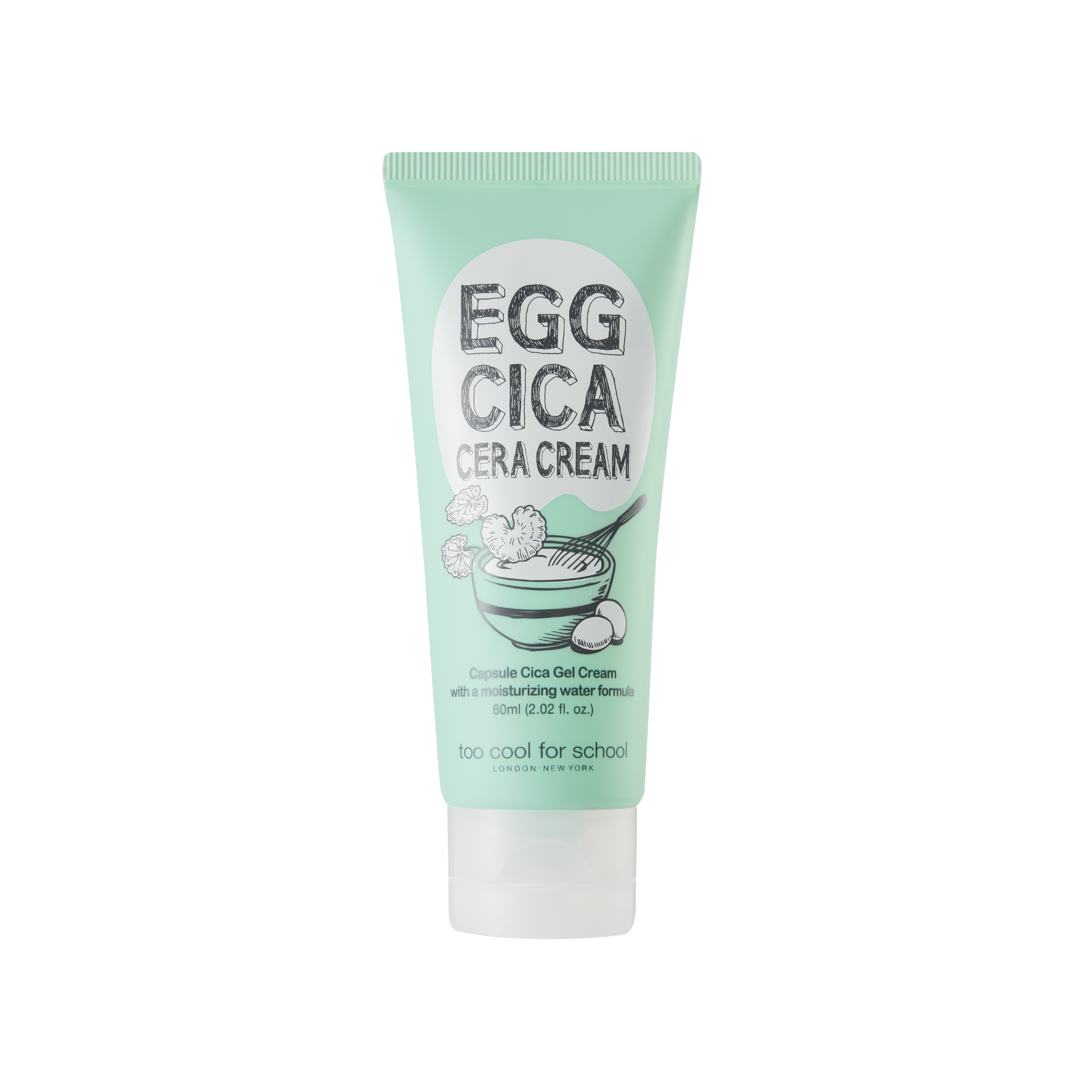 Too Cool For School Egg Cica Cera Cream 60ml face moisturizer in a white jar with a minimalist label and a textured lid.
