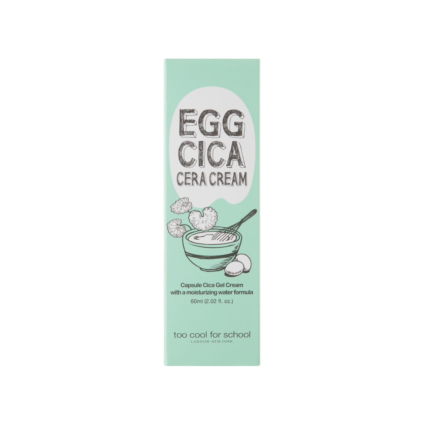 A jar of Too Cool For School Egg Cica Cera Cream face moisturizer with a smooth, white cream inside, placed on a clean surface.