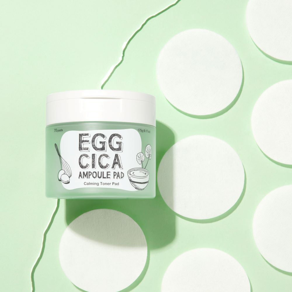 Too Cool For School Egg Cica Ampoule Pad, toner pads with egg and cica ingredients, shown in a close-up image.