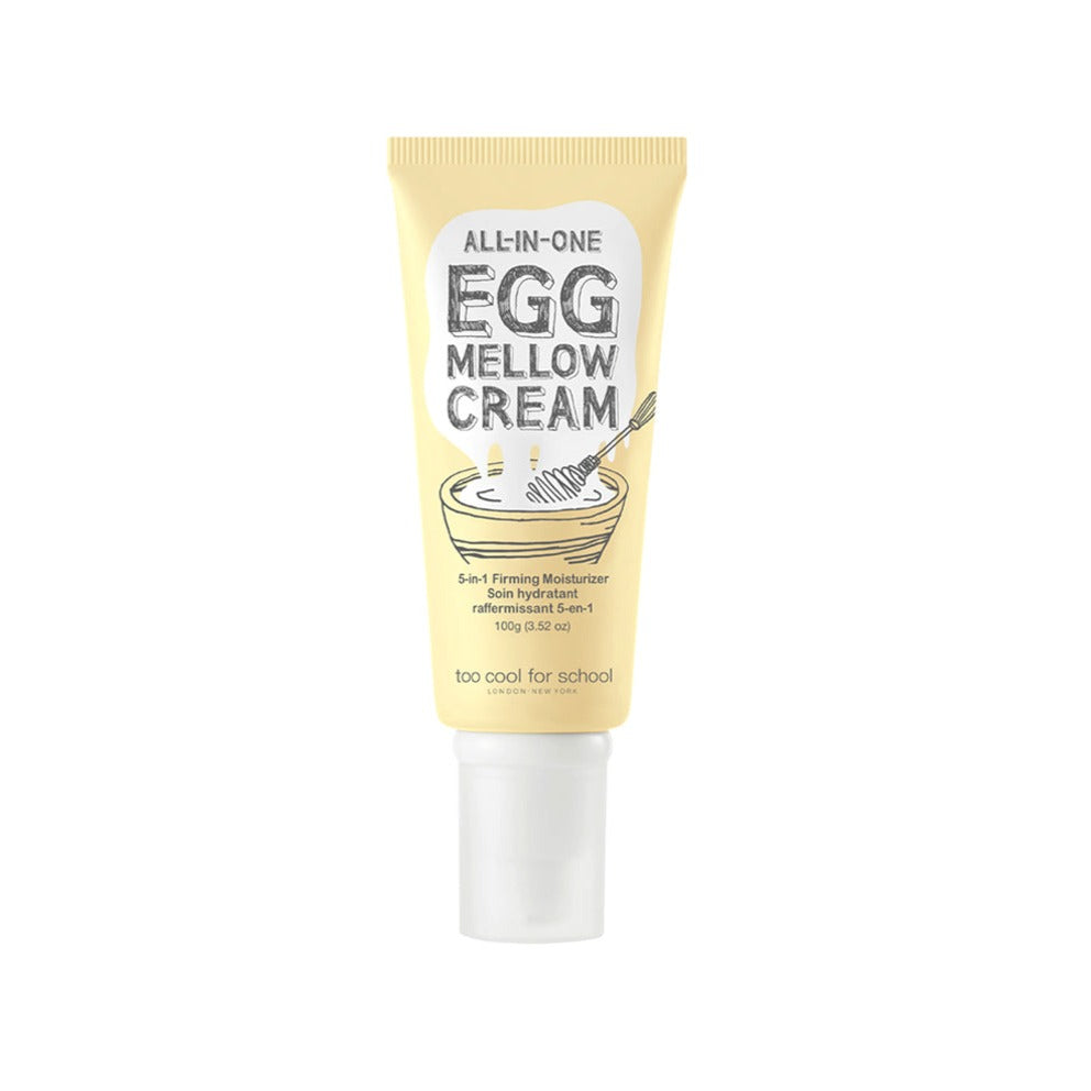 Too Cool For School Egg Mellow Cream face moisturizer in 100g jar with soft, creamy texture and egg-inspired packaging.