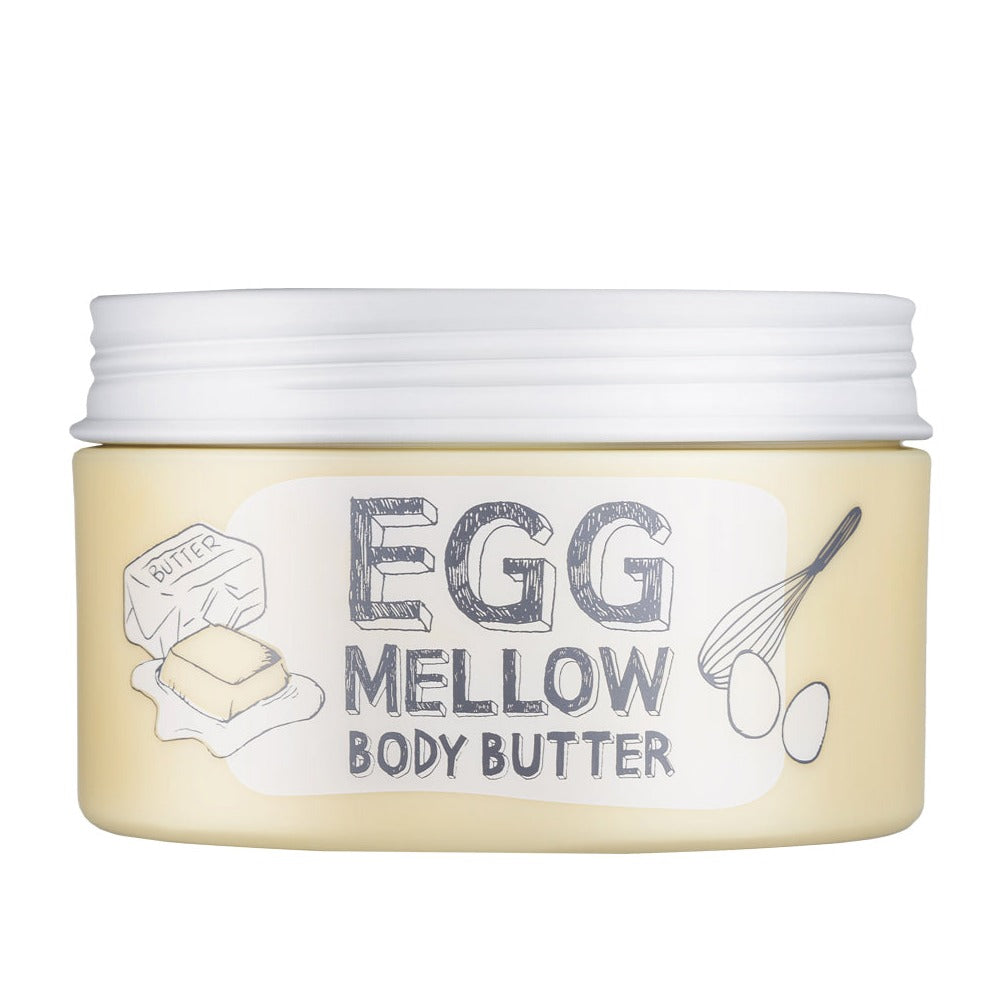 Too Cool For School Egg Mellow Body Butter 200g, creamy body lotion with a smooth texture in a jar.