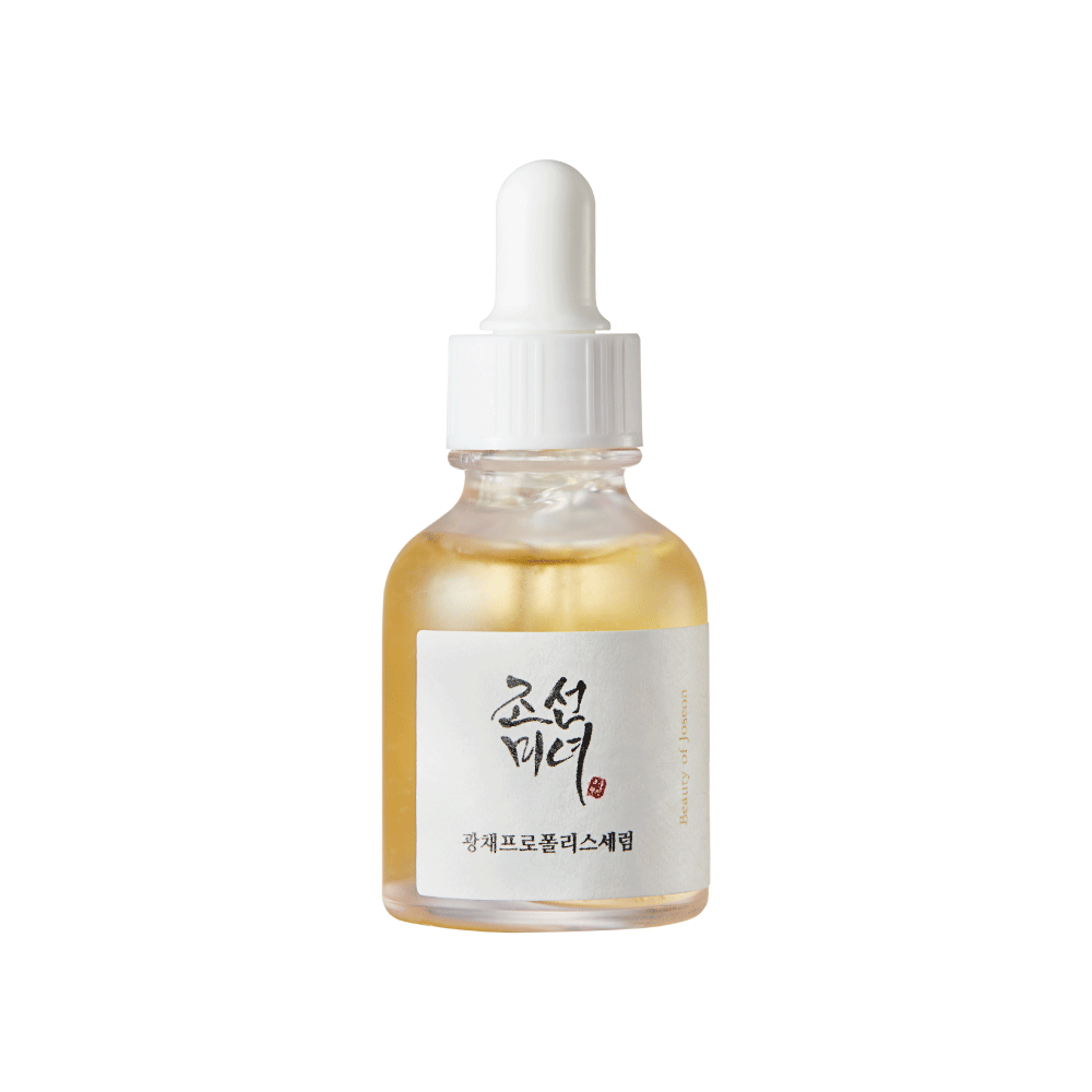 Beauty of Joseon Glow Serum with Propolis and Niacinamide in a 30ml bottle, showcasing the clear serum inside a sleek bottle.